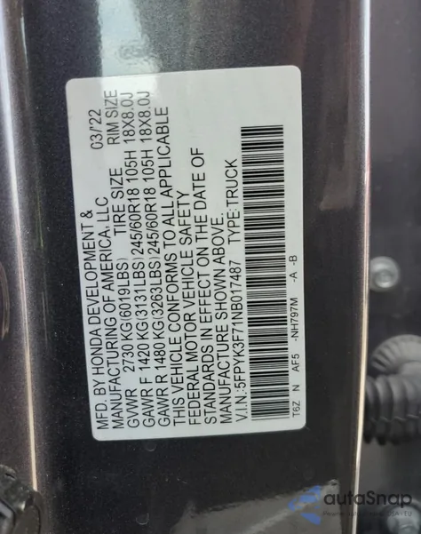 2022 Honda Ridgeline Rtl z USA, uszkodzony, nr VIN 5FPYK3F71NB017487